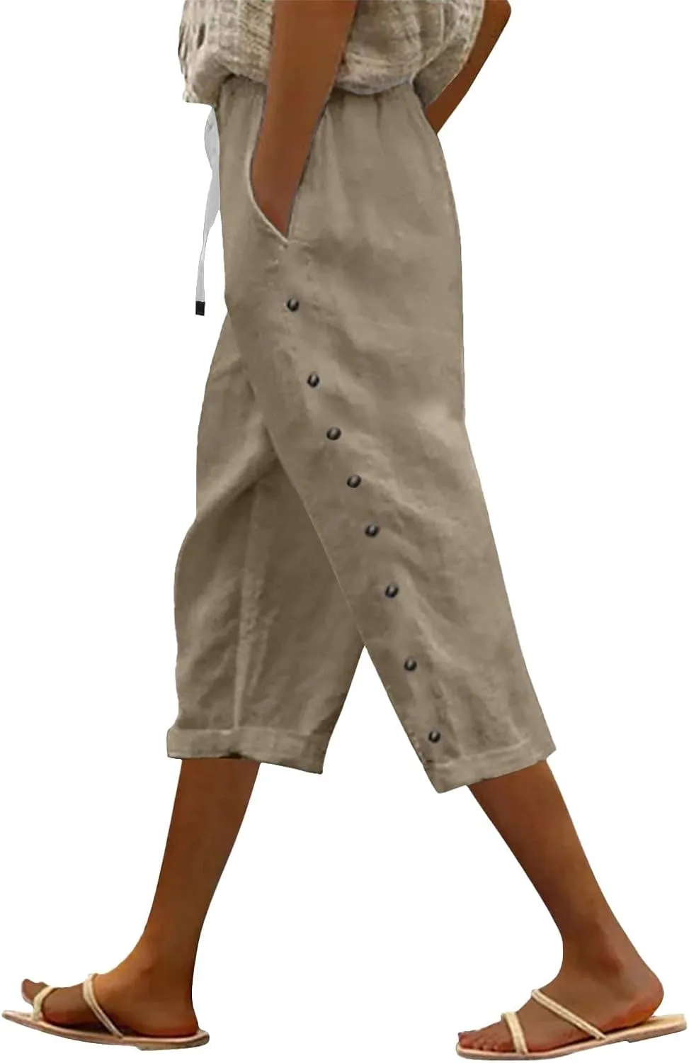 Linen Pants for Women Summer Drawstring Pockets Loose Casual Cotton Linen Beach Trousers Straight Leg Lounge
