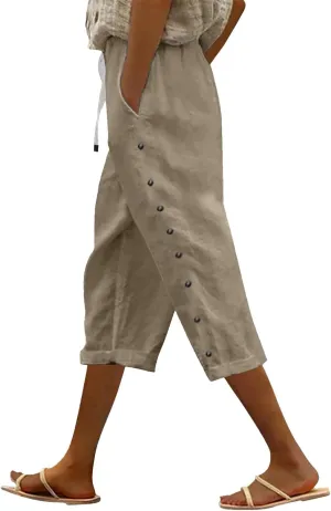 Linen Pants for Women Summer Drawstring Pockets Loose Casual Cotton Linen Beach Trousers Straight Leg Lounge