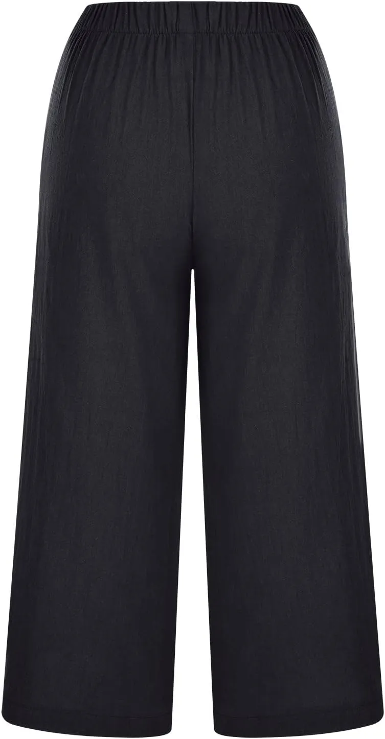 Linen Pants Women Wide Leg Elastic Back Waist Casual Loose Yoga Pants 2024 Fashion Baggy Trouser Summer Beach Outfit