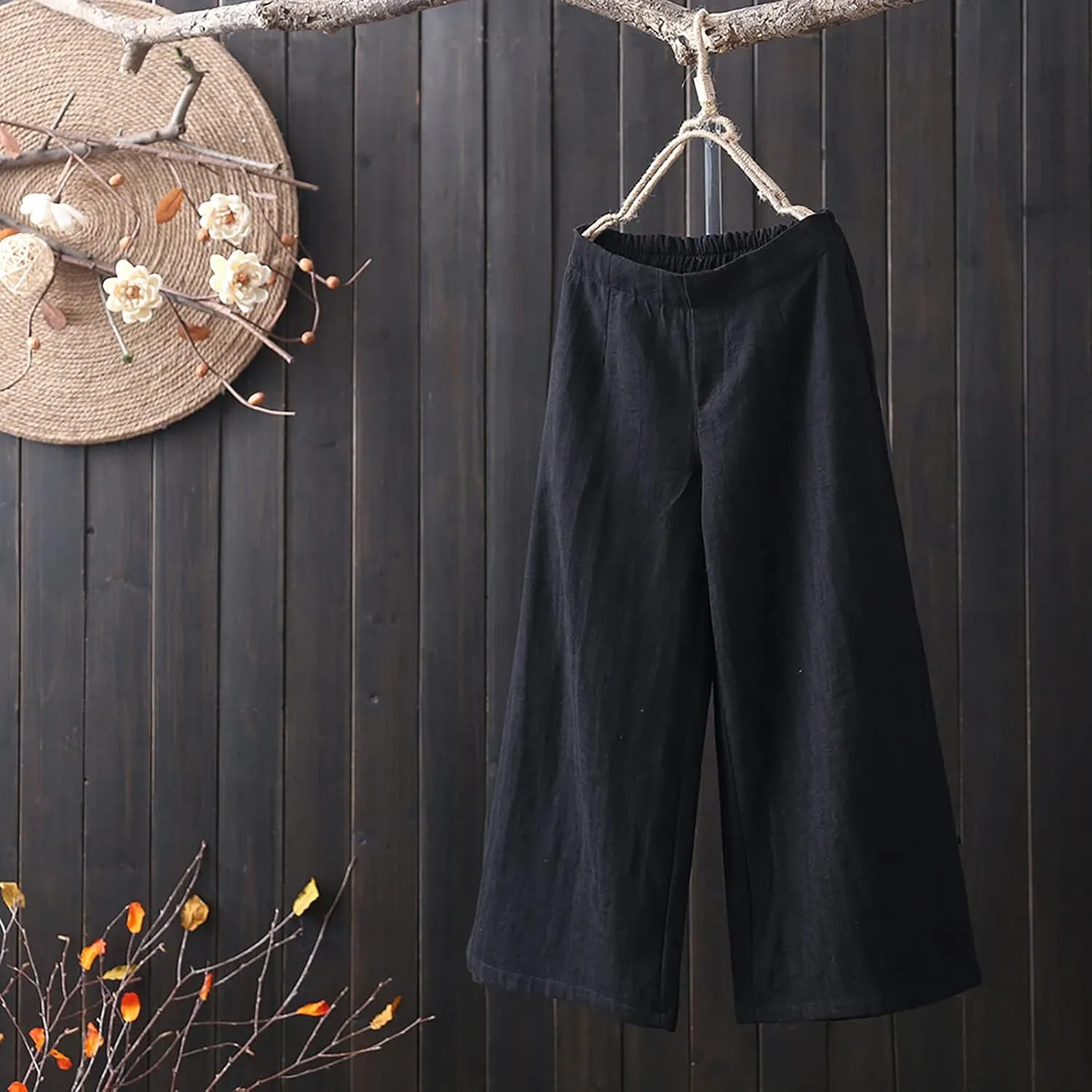 Linen Pants Women Wide Leg Elastic Back Waist Casual Loose Yoga Pants 2024 Fashion Baggy Trouser Summer Beach Outfit