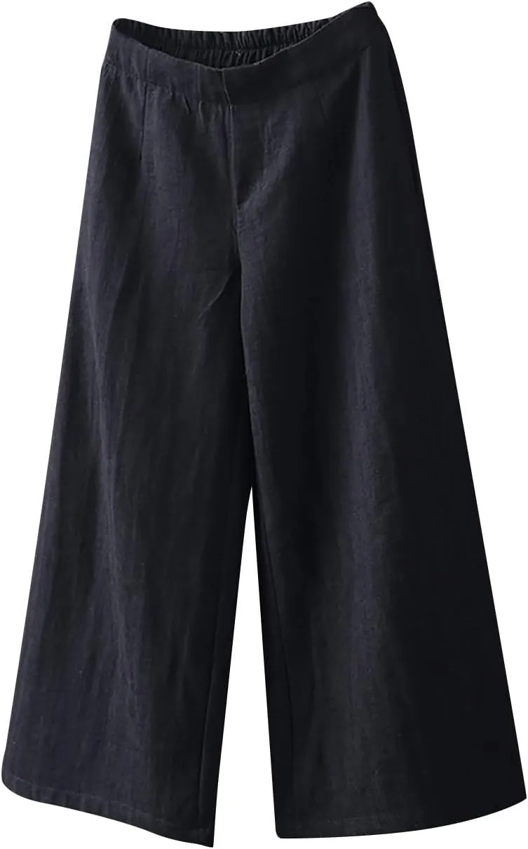 Linen Pants Women Wide Leg Elastic Back Waist Casual Loose Yoga Pants 2024 Fashion Baggy Trouser Summer Beach Outfit