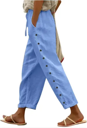 Linen Pants Womens Summer Casual Elastic Waist Drawstring Baggy Lightweight Trendy Palazzo Harem Trouser with Pockets