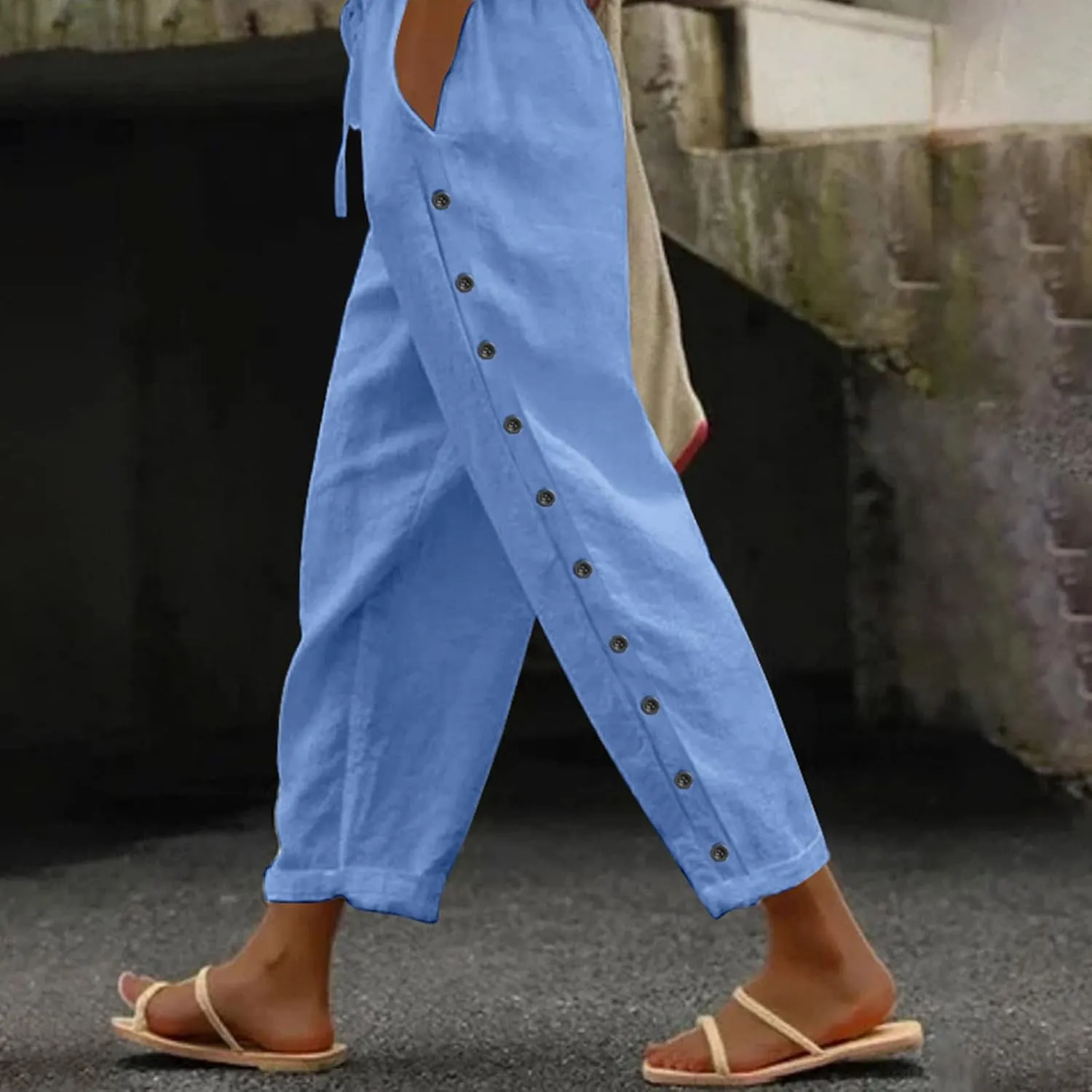 Linen Pants Womens Summer Casual Elastic Waist Drawstring Baggy Lightweight Trendy Palazzo Harem Trouser with Pockets