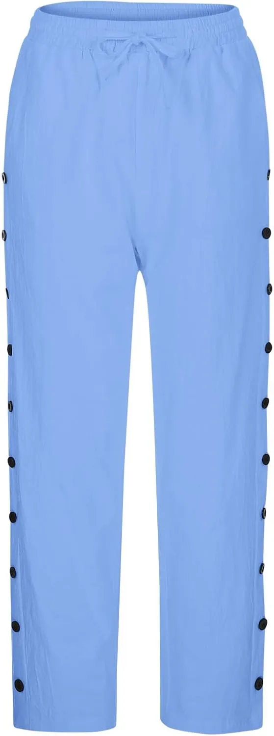 Linen Pants Womens Summer Casual Elastic Waist Drawstring Baggy Lightweight Trendy Palazzo Harem Trouser with Pockets