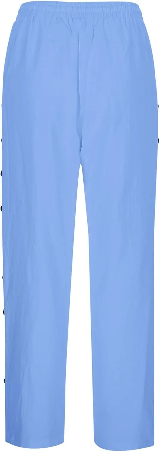 Linen Pants Womens Summer Casual Elastic Waist Drawstring Baggy Lightweight Trendy Palazzo Harem Trouser with Pockets
