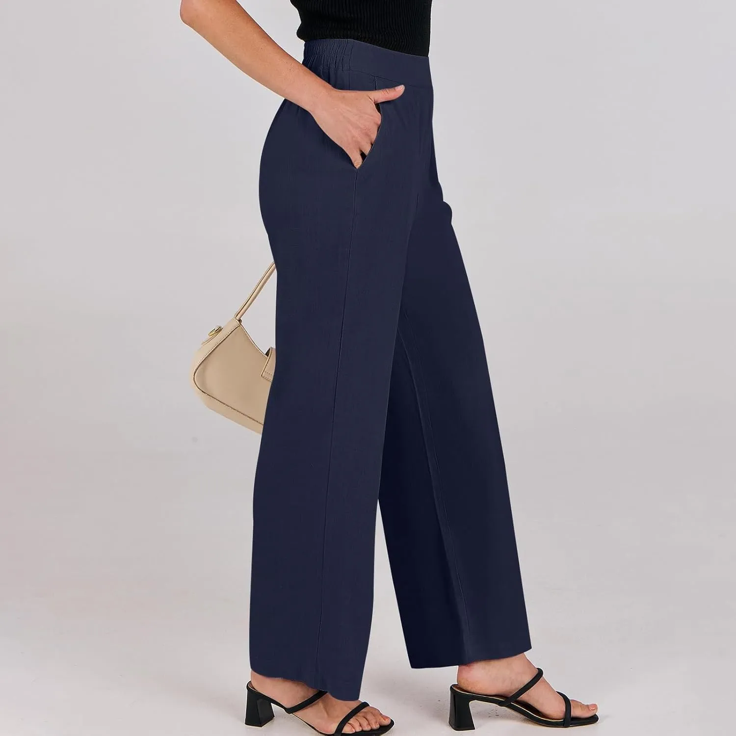 Linen Work Pants for Women High Waisted Dress Pants Casual Lightweight Elastic Waist Wide Leg Trousers with Pockets