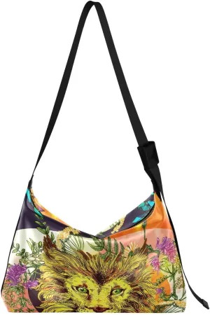 Lion Head Floral Hobo Crossbody Bags for Women Leather Large Shoulder Bag Cross Body Retro Style Trendy Womens Tote Bags Handbag for Travel Shopping