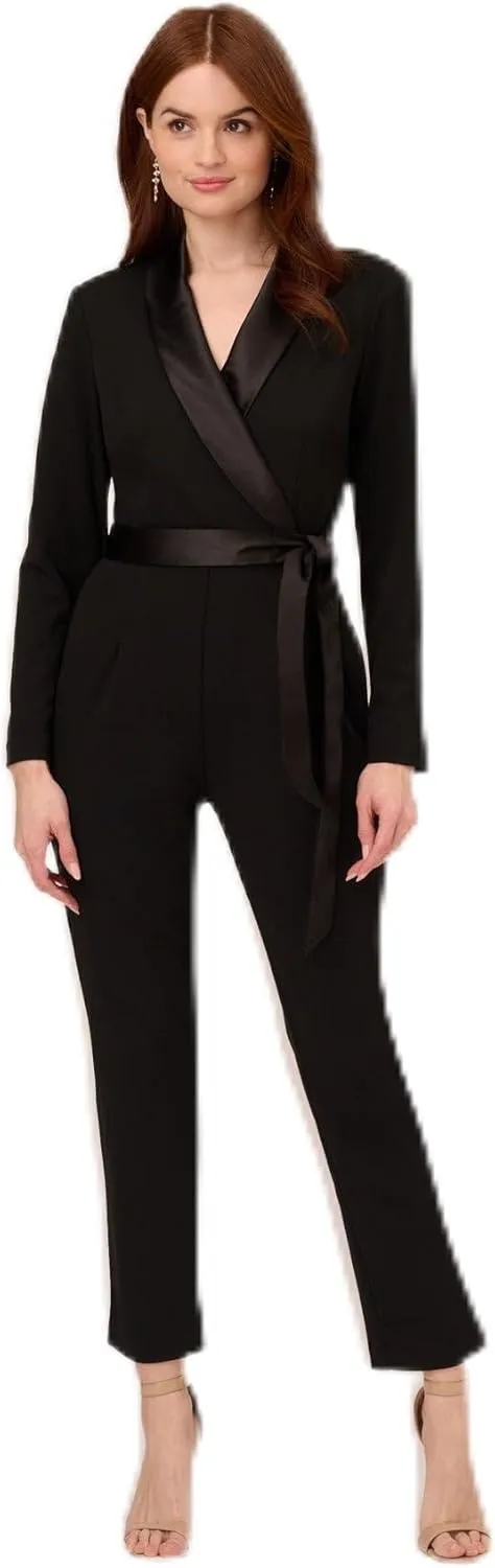 Long Sleeve Crepe Jumpsuit With Tuxedo Collar In Black