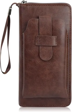 Long Wallet for Men, Large Capacity Zipper Leather Wallet Fashion Business Clutch Purse Card Holder Travel Wallet (Dark Brown)