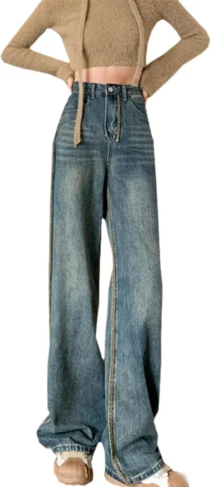 Loose Jeans Women High Waist Wide Leg Blue Baggy Jeans Side Stripe Desinger Push Up Vintage Denim Pants Trousers