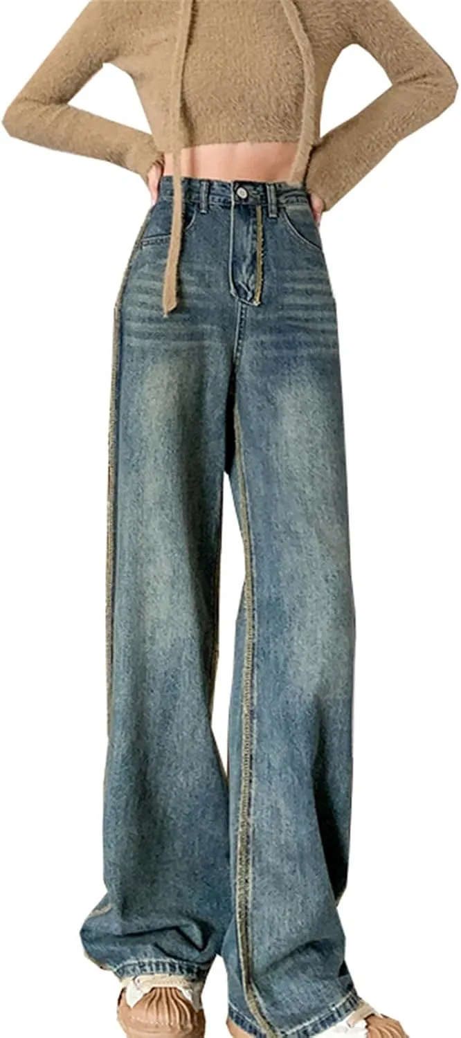 Loose Jeans Women High Waist Wide Leg Blue Baggy Jeans Side Stripe Desinger Push Up Vintage Denim Pants Trousers