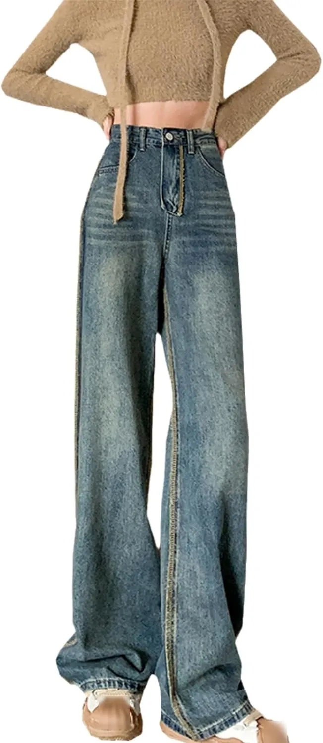 Loose Jeans Women High Waist Wide Leg Blue Baggy Jeans Side Stripe Desinger Push Up Vintage Denim Pants Trousers