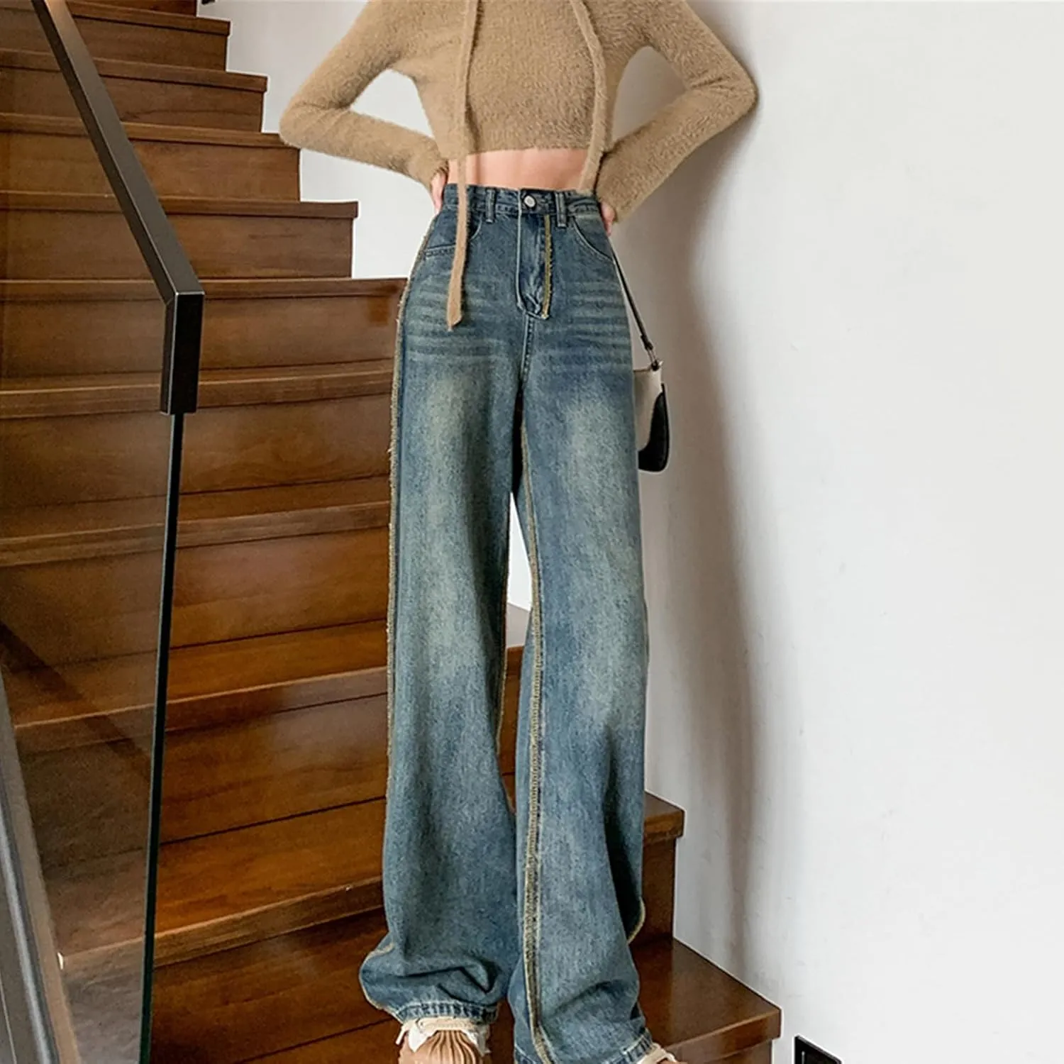 Loose Jeans Women High Waist Wide Leg Blue Baggy Jeans Side Stripe Desinger Push Up Vintage Denim Pants Trousers