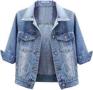 loveimgs Women Casual 3/4 Sleeve Button Down Cropped Denim Jean Jacket Motorcycle Short Jacket