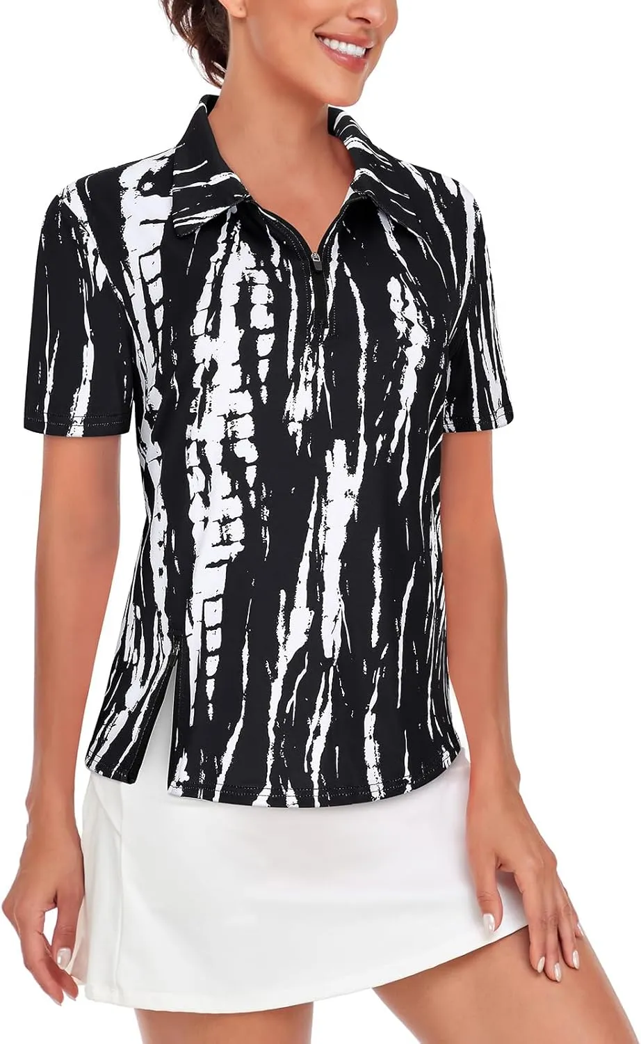 LURANEE Women's Short Sleeve Golf Shirt UPF 50 Zip Up Quick Dry Tennis Polo Workout Tops Slit Zipper at Hem