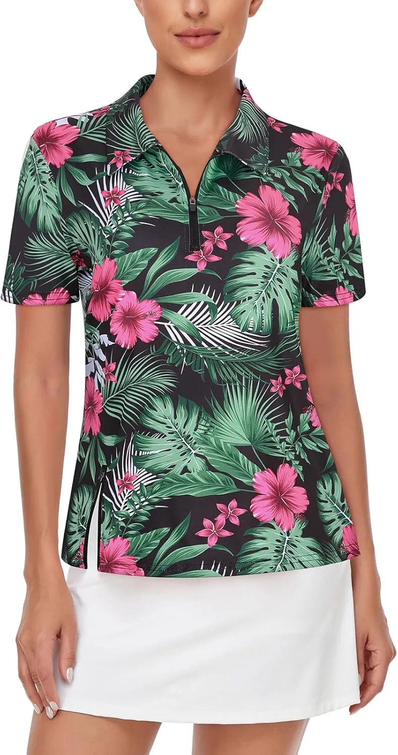 LURANEE Women's Short Sleeve Golf Shirt UPF 50 Zip Up Quick Dry Tennis Polo Workout Tops Slit Zipper at Hem