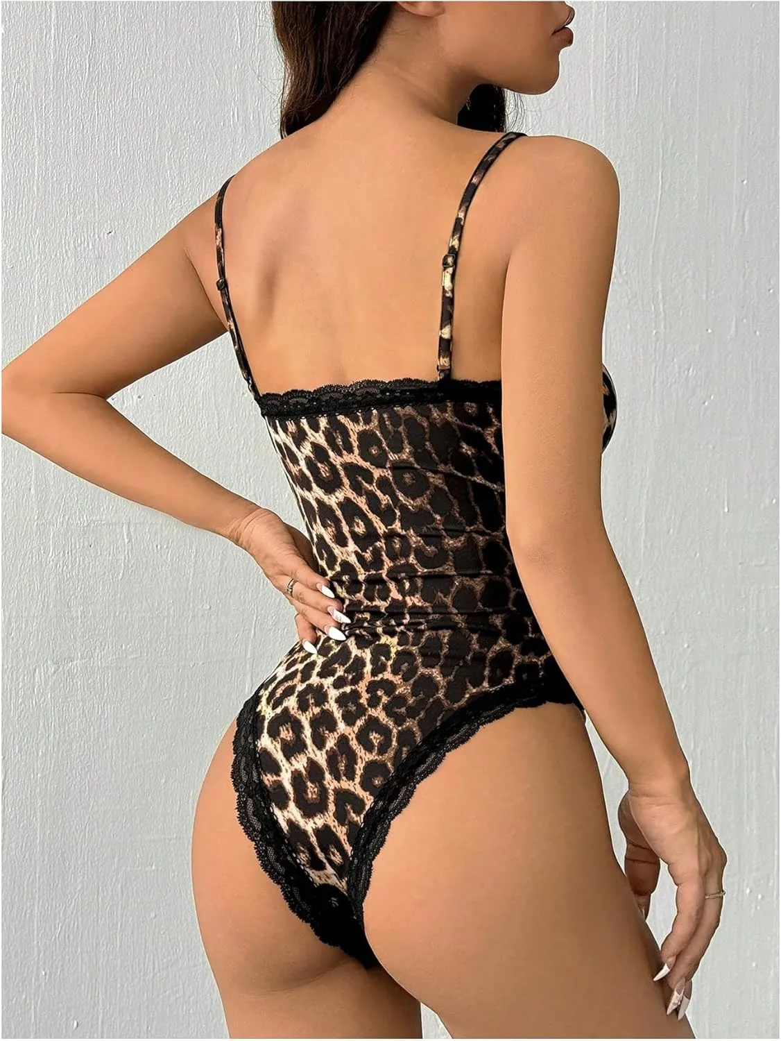 MakeMeChic Women's Leopard Lace Bodysuit Backless Cheetah Leotard Camisole Tops