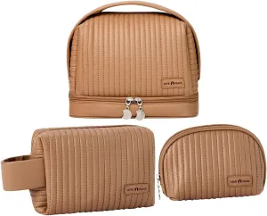 Makeup Bag Set of 3, Toiletry Bag for Women, Small Makeup Bag for Purse, Cute Quilted Cosmetic Bag for Travel, Gift for Women, Coffee