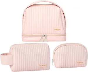 Makeup Bag Set of 3, Toiletry Bag for Women, Small Makeup Bag for Purse, Cute Quilted Cosmetic Bag for Travel, Gift for Women, Pink