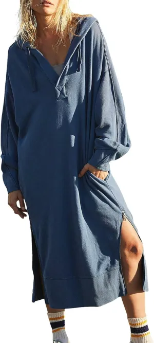 Maxi Sweatshirts for Women Fall Calf Length Oversized Hoodies Zipper Side Slit Long Sweatshirt Dresses with Pockets