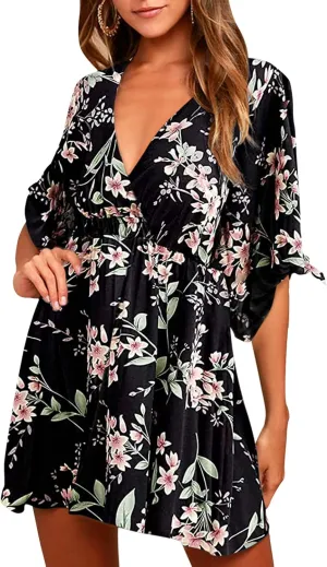 Meenew Women's Summer Casual Loose Tunic Swing Dress V Neck Short Vacation Dress