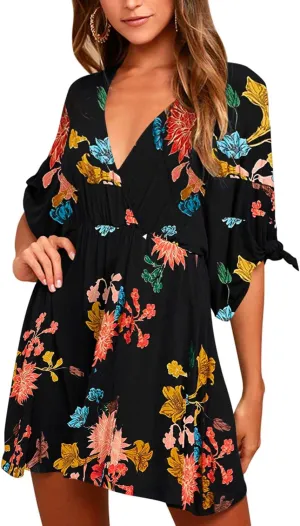 Meenew Women's Summer Casual Loose Tunic Swing Dress V Neck Short Vacation Dress