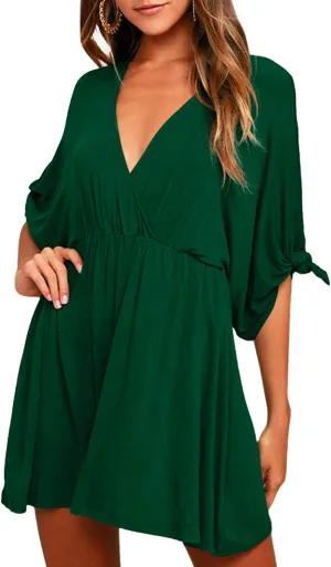 Meenew Women's Summer Casual Loose Tunic Swing Dress V Neck Short Vacation Dress