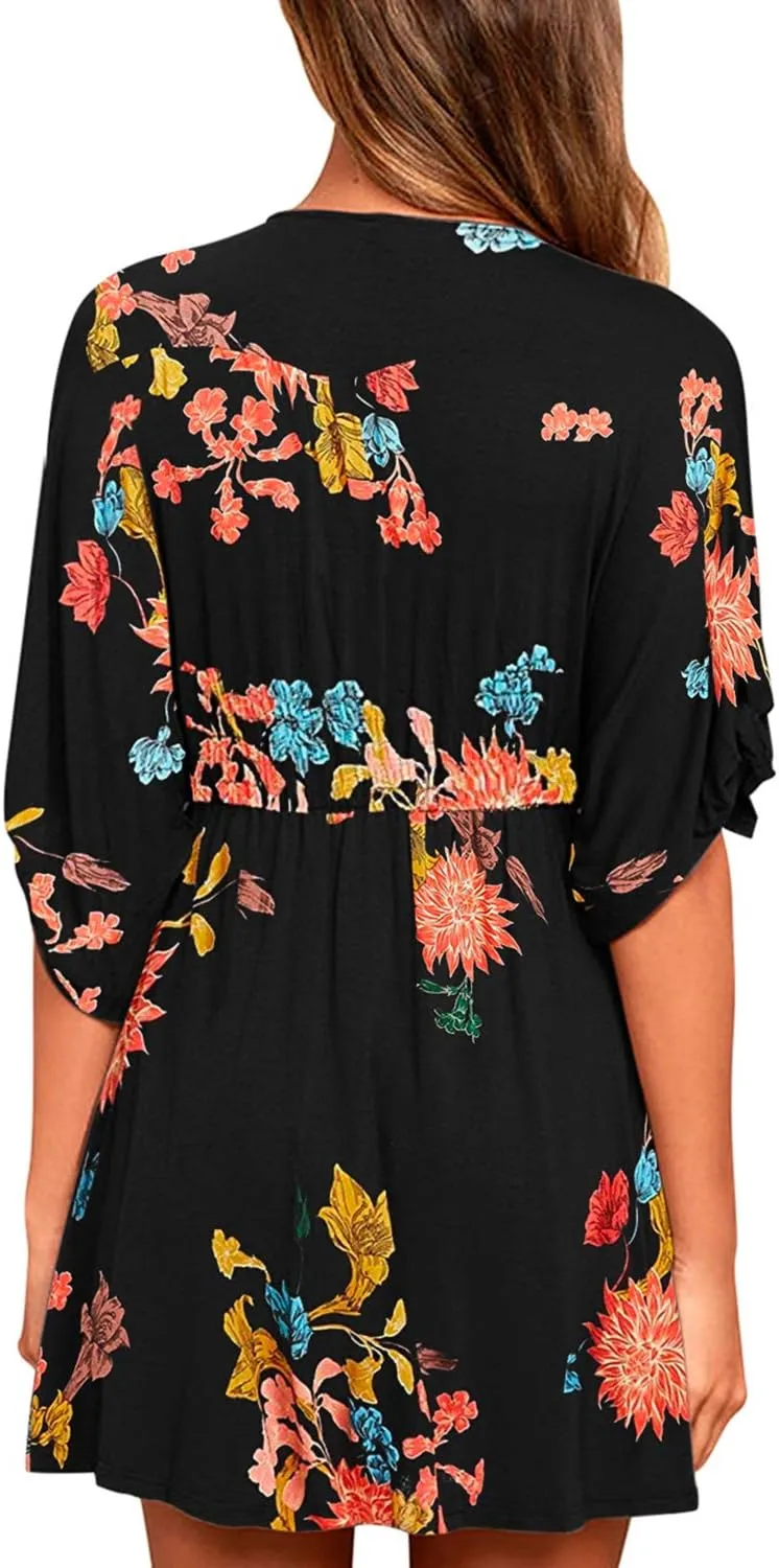 Meenew Women's Summer Casual Loose Tunic Swing Dress V Neck Short Vacation Dress