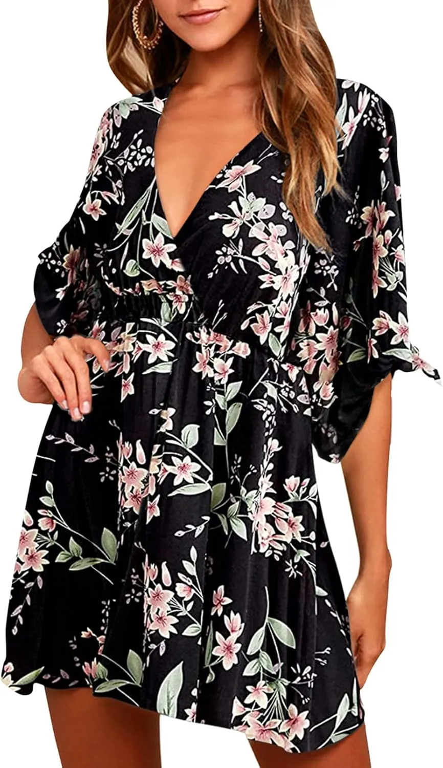 Meenew Women's Summer Casual Loose Tunic Swing Dress V Neck Short Vacation Dress