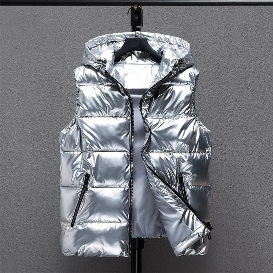 Men Winter Bright Hooded Thick Vest Waterproof Cotton Padded Sleeveless Coat Waterproof Thick Waistcoat