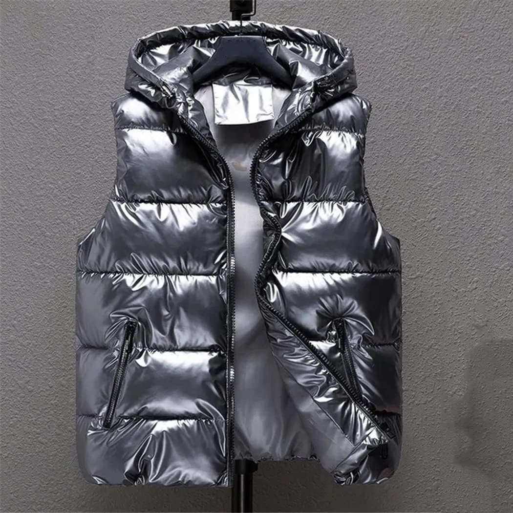 Men Winter Bright Hooded Thick Vest Waterproof Cotton Padded Sleeveless Coat Waterproof Thick Waistcoat