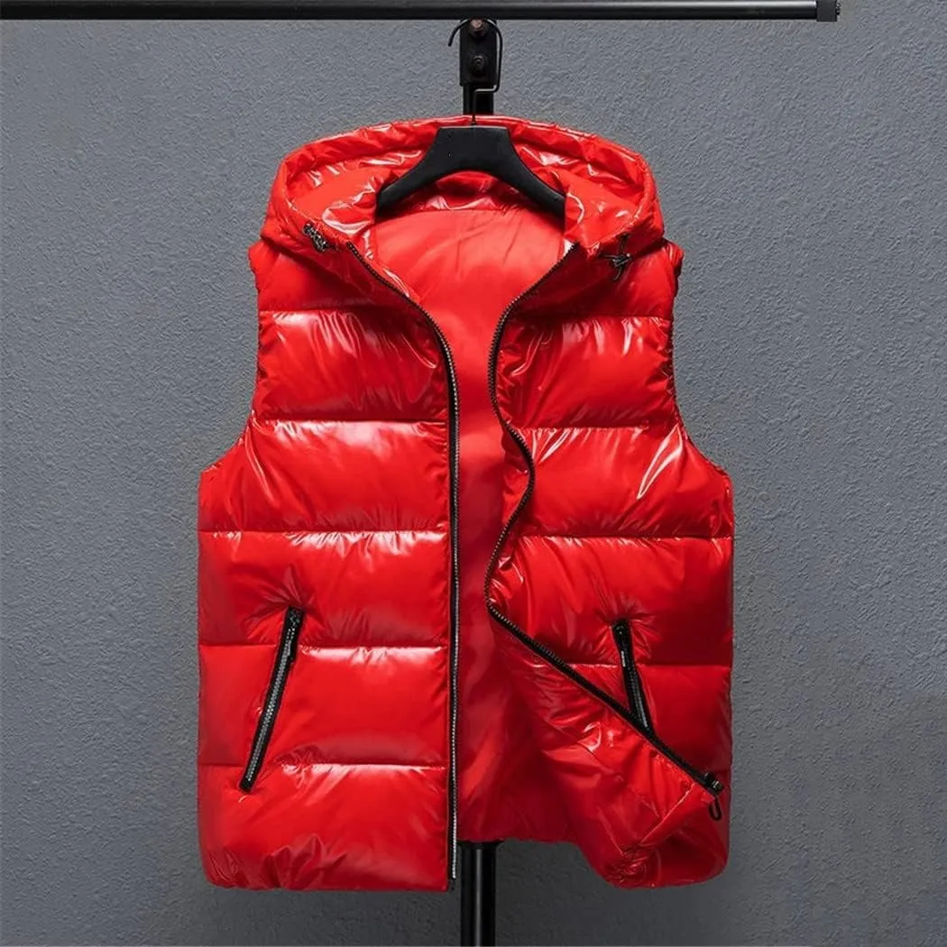 Men Winter Bright Hooded Thick Vest Waterproof Cotton Padded Sleeveless Coat Waterproof Thick Waistcoat