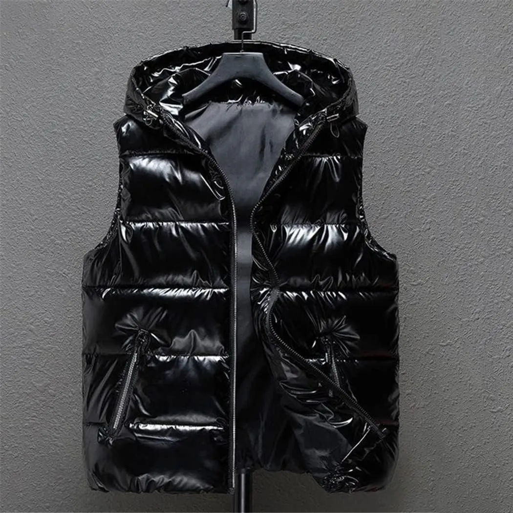Men Winter Bright Hooded Thick Vest Waterproof Cotton Padded Sleeveless Coat Waterproof Thick Waistcoat