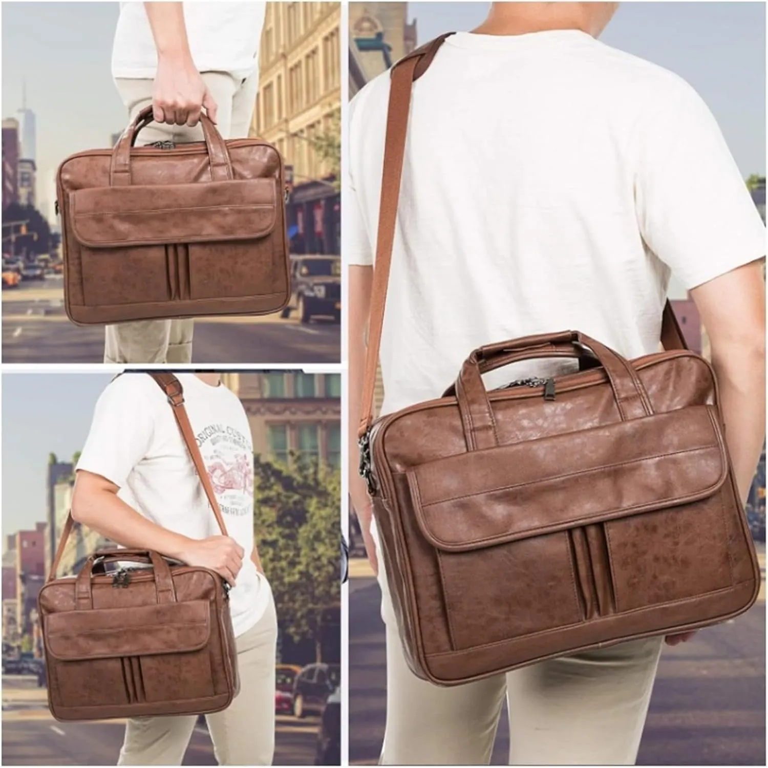 Men's Leather Satchel Retro Shoulder Bag 17.3 Inch Laptop Briefcase Business Satchel