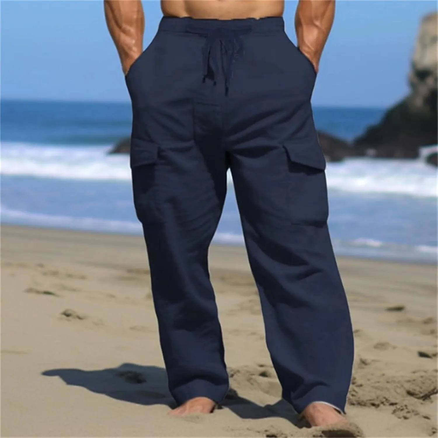 Men's Linen Cargo Pants Lightweight Elastic Waist Drawstring Loose Fit Beach Yoga Streetwear for Daily Wear