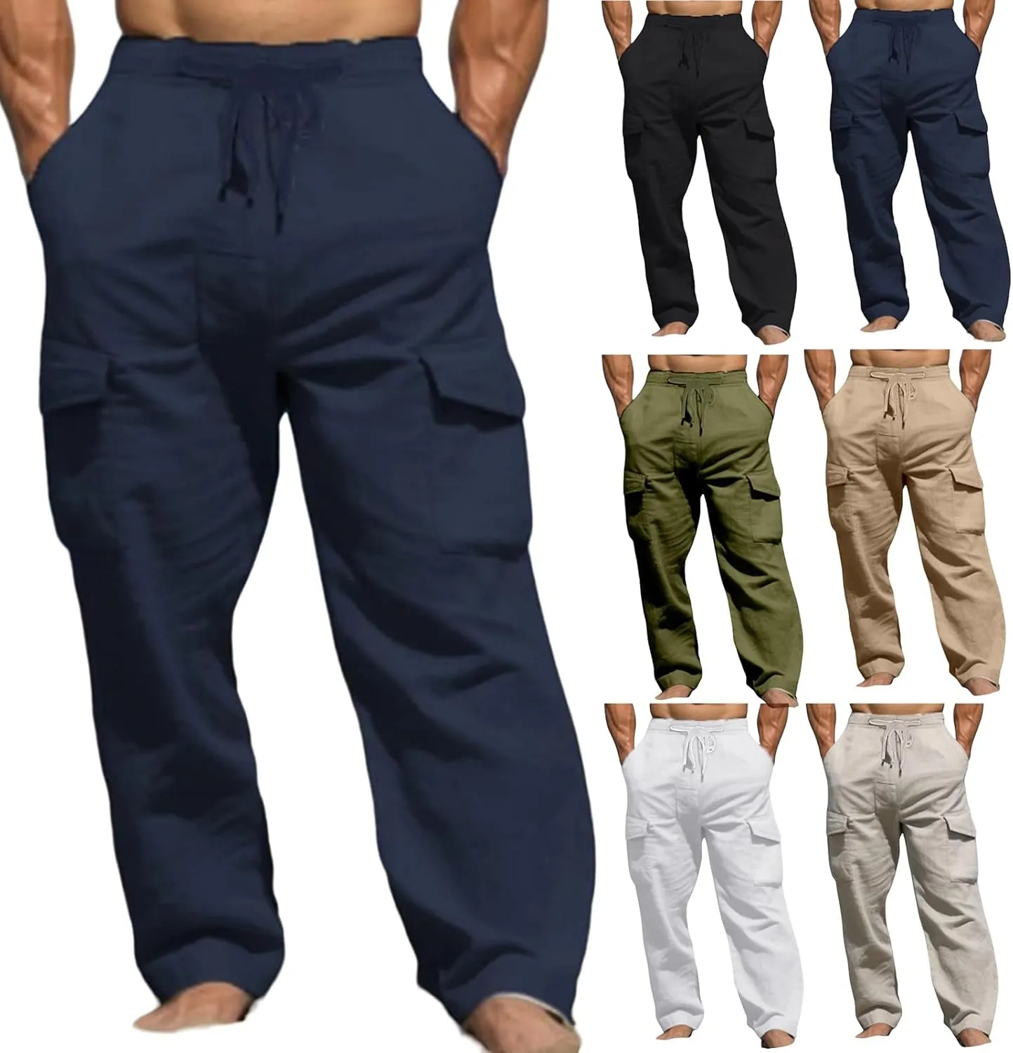 Men's Linen Cargo Pants Lightweight Elastic Waist Drawstring Loose Fit Beach Yoga Streetwear for Daily Wear
