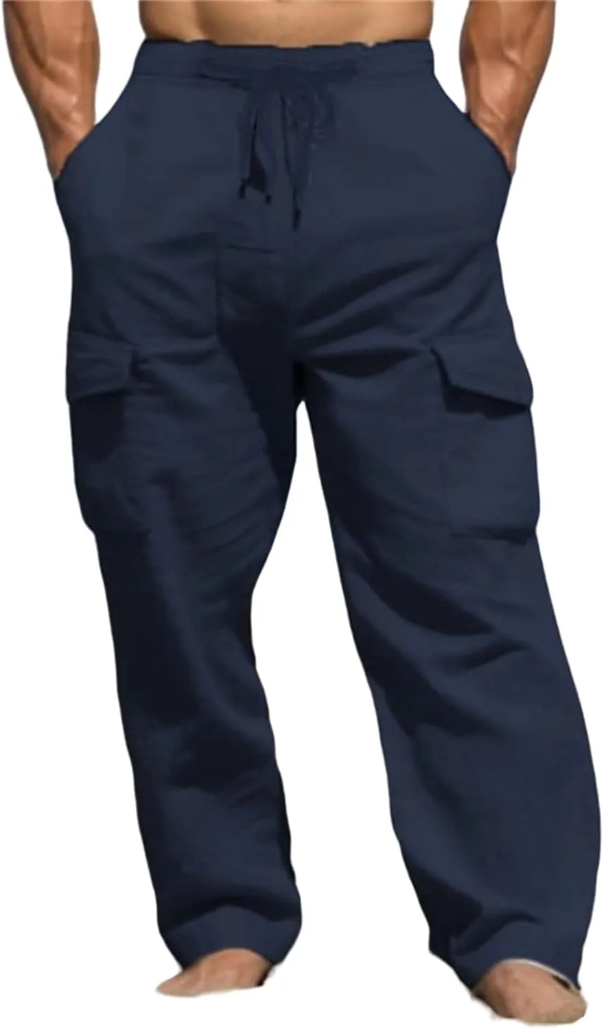 Men's Linen Cargo Pants Lightweight Elastic Waist Drawstring Loose Fit Beach Yoga Streetwear for Daily Wear