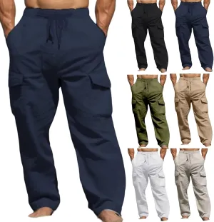 Men's Linen Cargo Pants Lightweight Elastic Waist Drawstring Loose Fit Beach Yoga Streetwear for Daily Wear