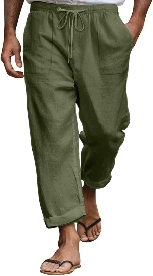 Mens Linen Pants Elastic Drawstring Waist Straight-Legs Loose Fit Casual Summer Yoga Beach Long Cotton Pants