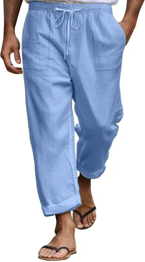 Mens Linen Pants Elastic Drawstring Waist Straight-Legs Loose Fit Casual Summer Yoga Beach Long Cotton Pants
