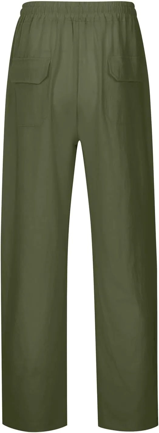 Mens Linen Pants Elastic Drawstring Waist Straight-Legs Loose Fit Casual Summer Yoga Beach Long Cotton Pants
