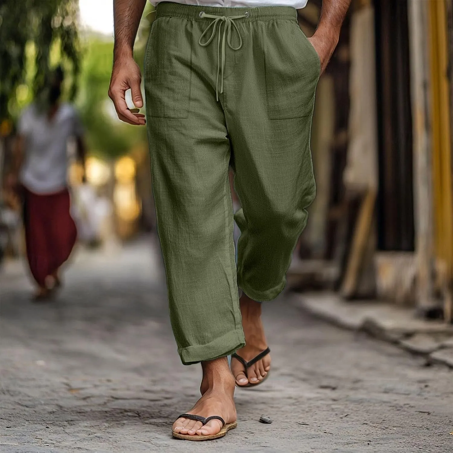 Mens Linen Pants Elastic Drawstring Waist Straight-Legs Loose Fit Casual Summer Yoga Beach Long Cotton Pants