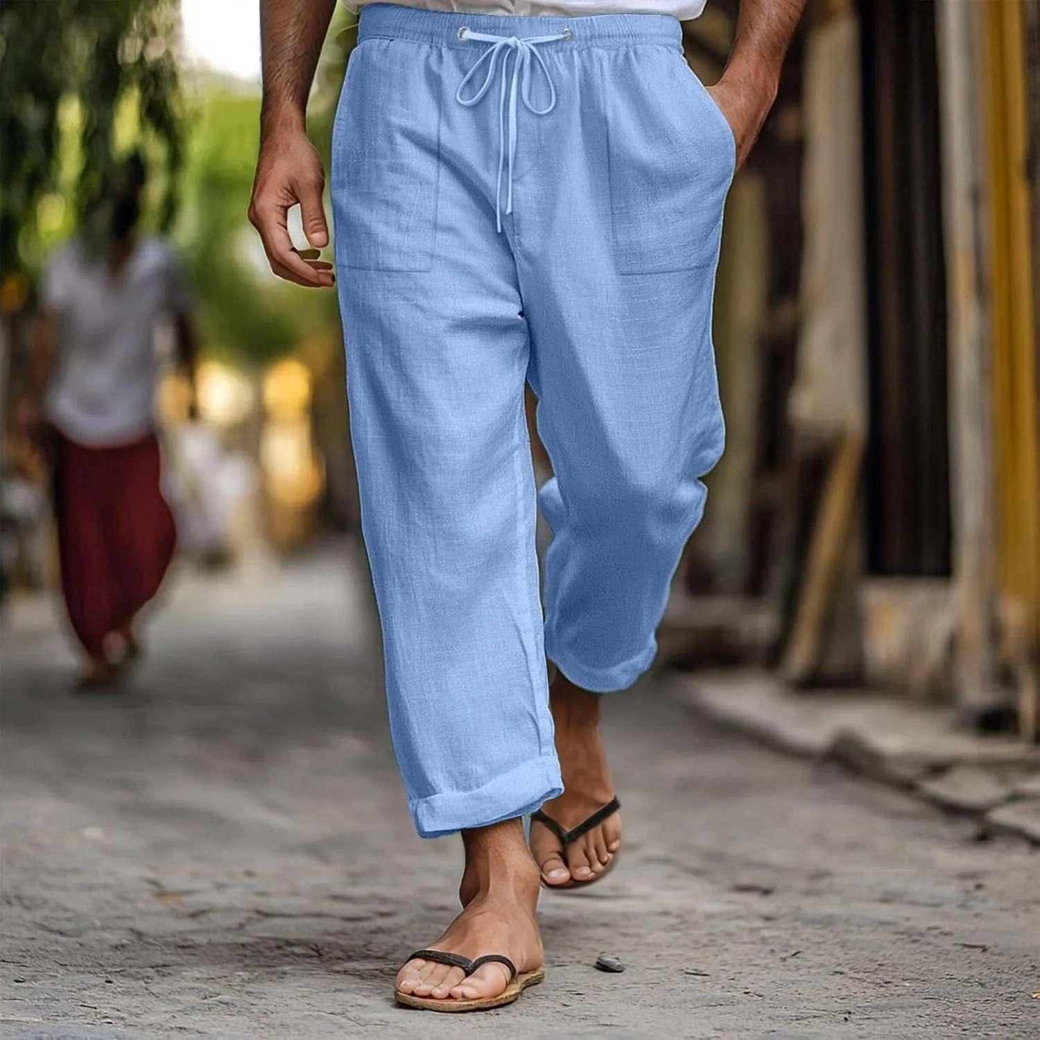 Mens Linen Pants Elastic Drawstring Waist Straight-Legs Loose Fit Casual Summer Yoga Beach Long Cotton Pants
