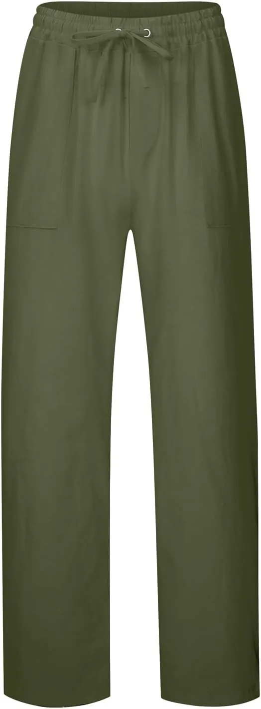 Mens Linen Pants Elastic Drawstring Waist Straight-Legs Loose Fit Casual Summer Yoga Beach Long Cotton Pants