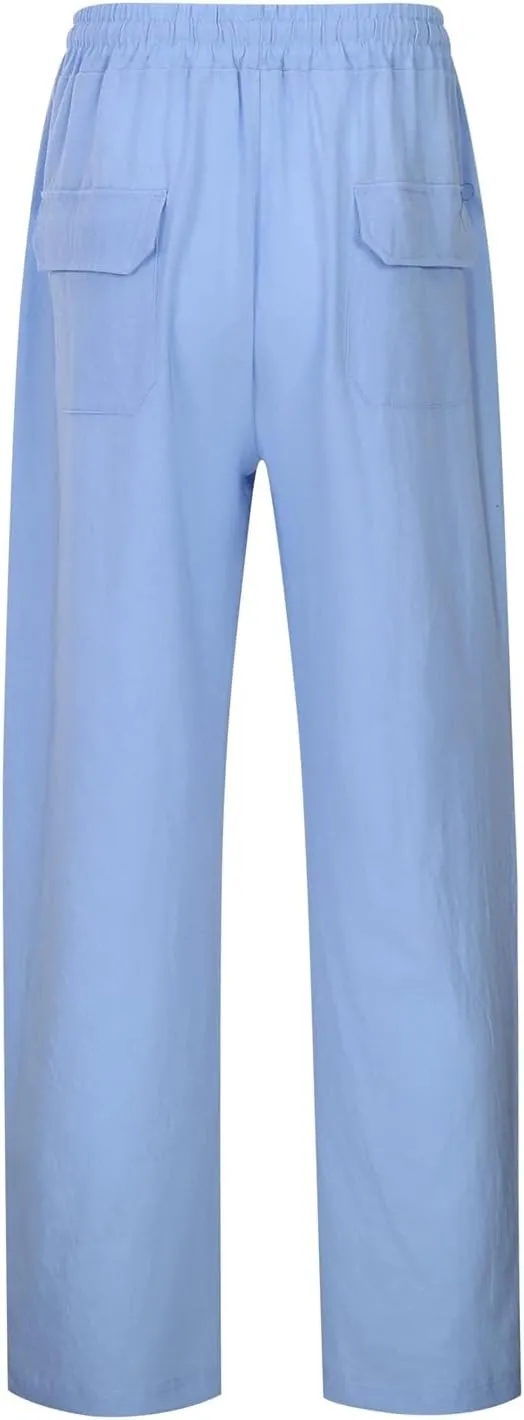 Mens Linen Pants Elastic Drawstring Waist Straight-Legs Loose Fit Casual Summer Yoga Beach Long Cotton Pants