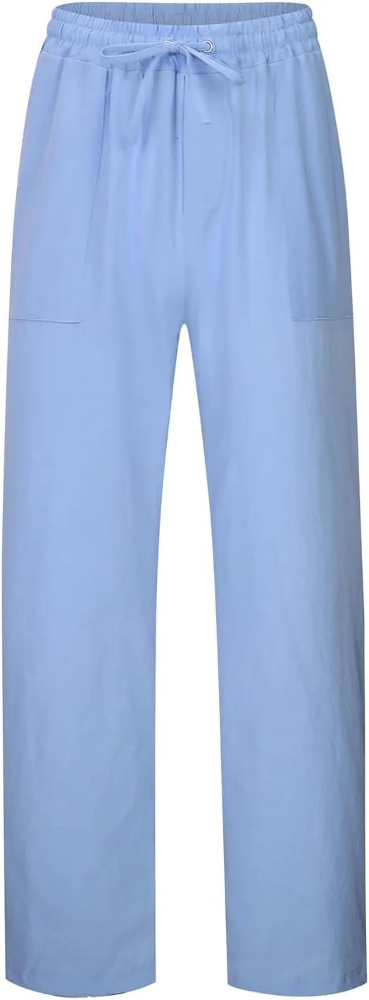 Mens Linen Pants Elastic Drawstring Waist Straight-Legs Loose Fit Casual Summer Yoga Beach Long Cotton Pants