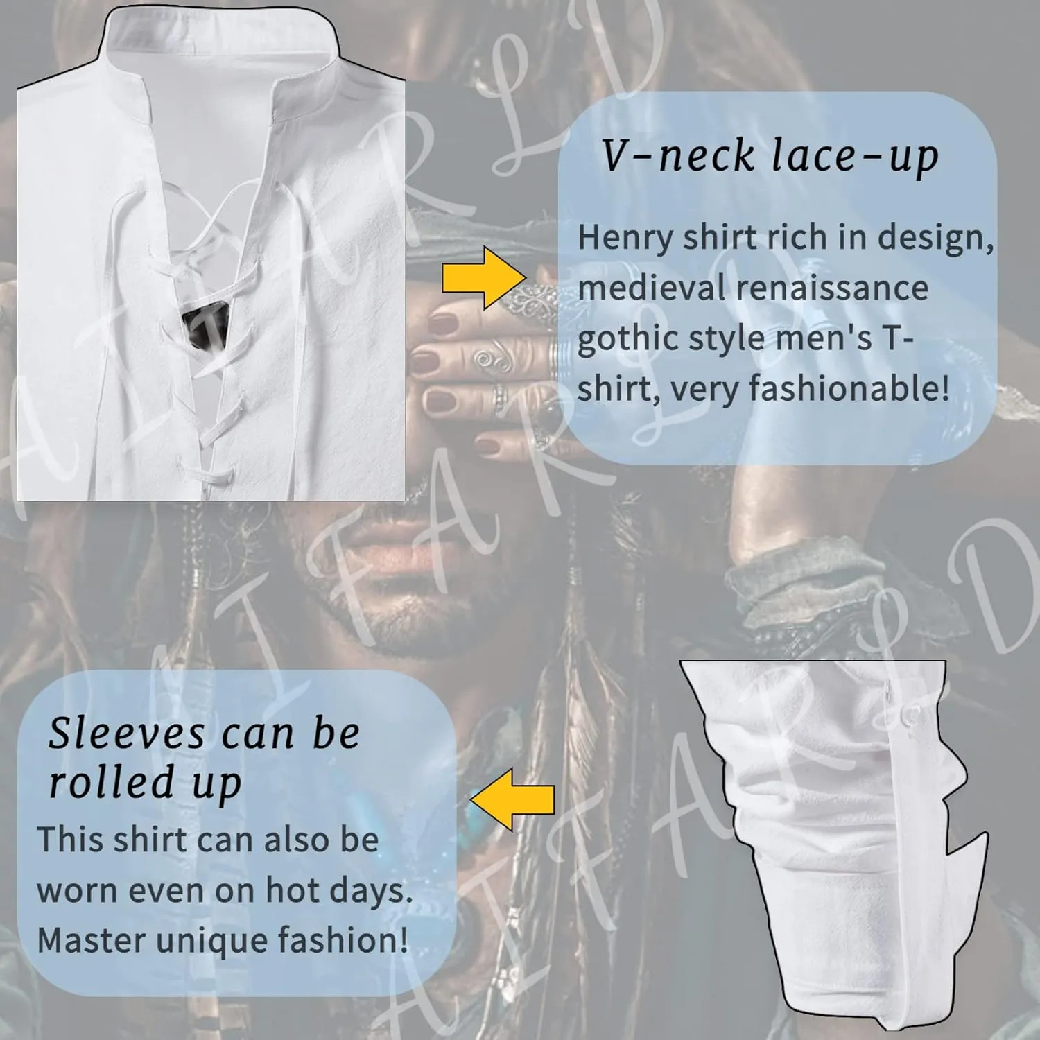 Men's Long Sleeve Shirts Retro Style Lace up for Medieval,Viking,Hippie Halloween Cosplay Pirate Renaissance Costume