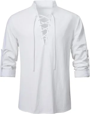 Men's Long Sleeve Shirts Retro Style Lace up for Medieval,Viking,Hippie Halloween Cosplay Pirate Renaissance Costume