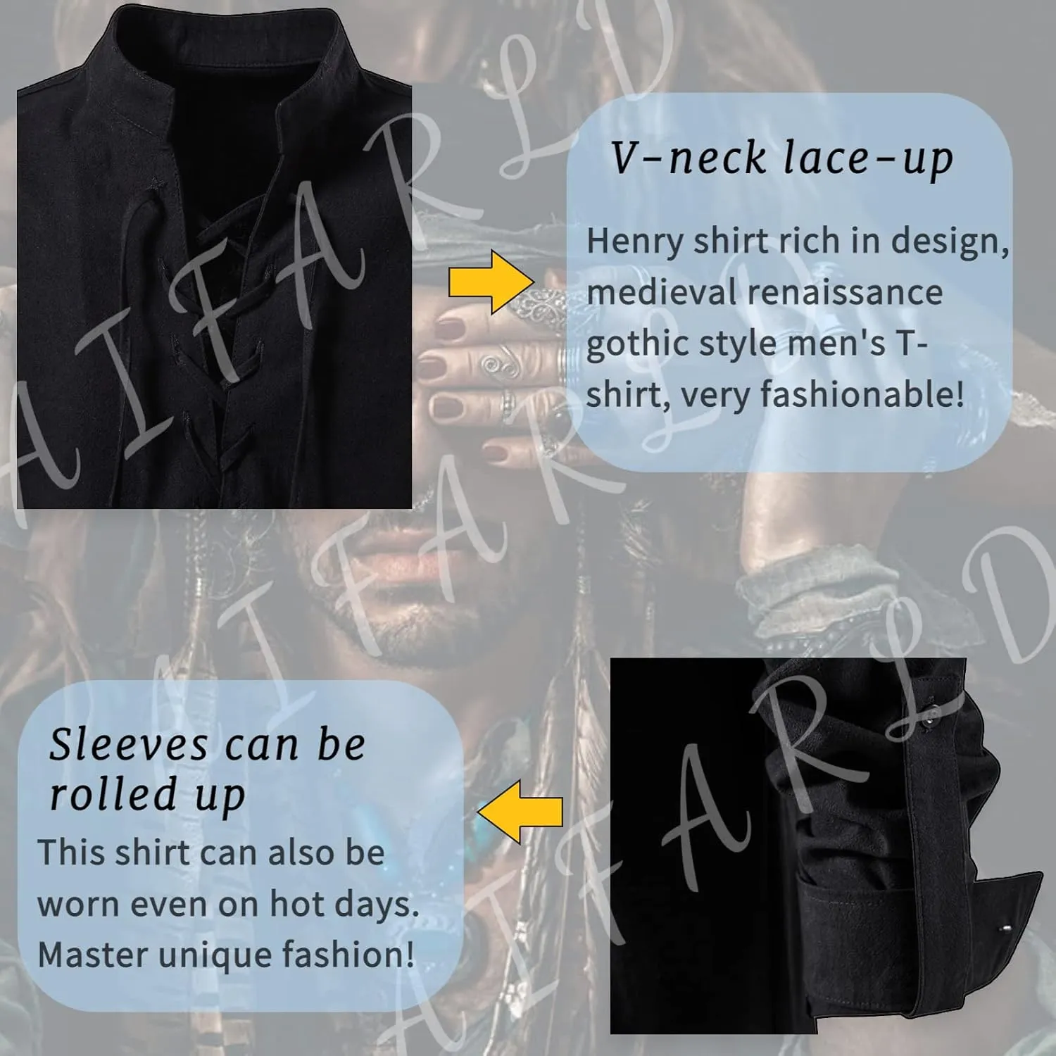 Men's Long Sleeve Shirts Retro Style Lace up for Medieval,Viking,Hippie Halloween Cosplay Pirate Renaissance Costume