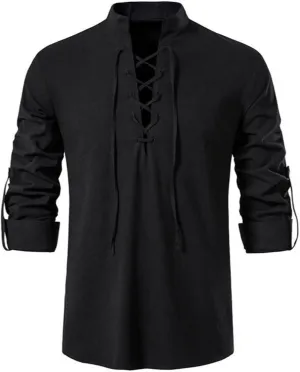 Men's Long Sleeve Shirts Retro Style Lace up for Medieval,Viking,Hippie Halloween Cosplay Pirate Renaissance Costume